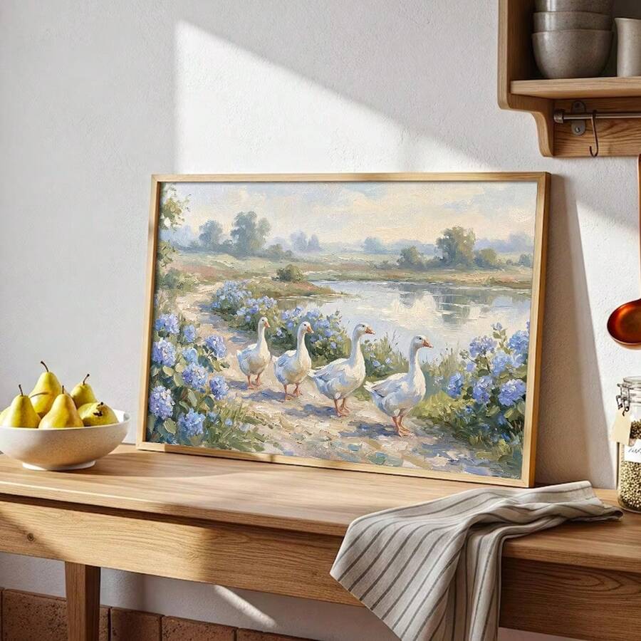 Bring rustic charm to your home with this vintage-inspired canvas poster featuring a graceful goose and delicate hydrangeas. Perfect for entryways, living rooms, and dining spaces, this pastoral artwork combines timeless farmhouse aesthetics with modern décor sensibilities.