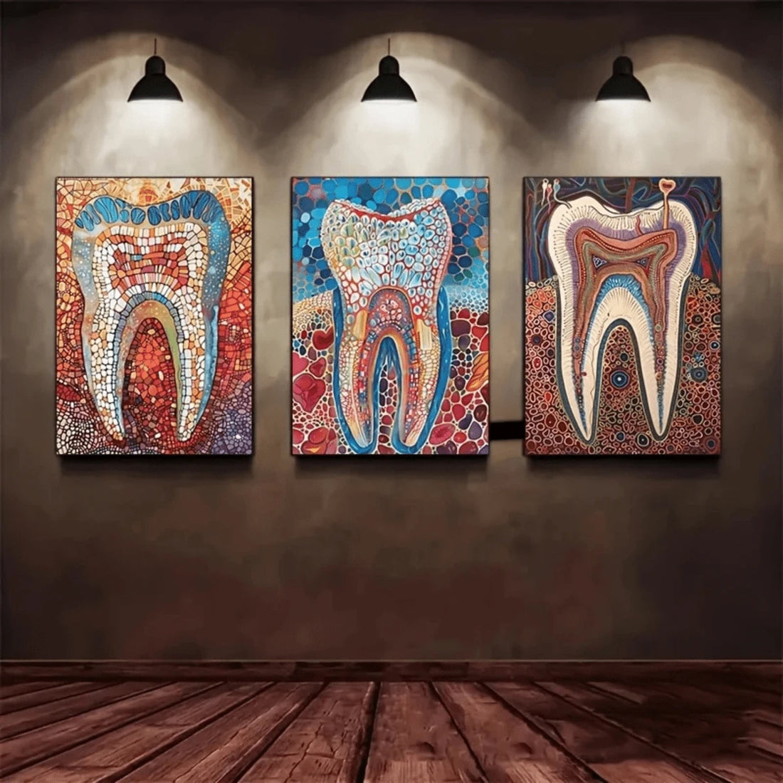 Transform your dental practice into a gallery of modern art with this stunning Colorful Mosaic Tooth Canvas Wall Art Set. Featuring vibrant, eye-catching dental anatomy prints rendered in bold geometric patterns, this collection brings contemporary style to any professional space.