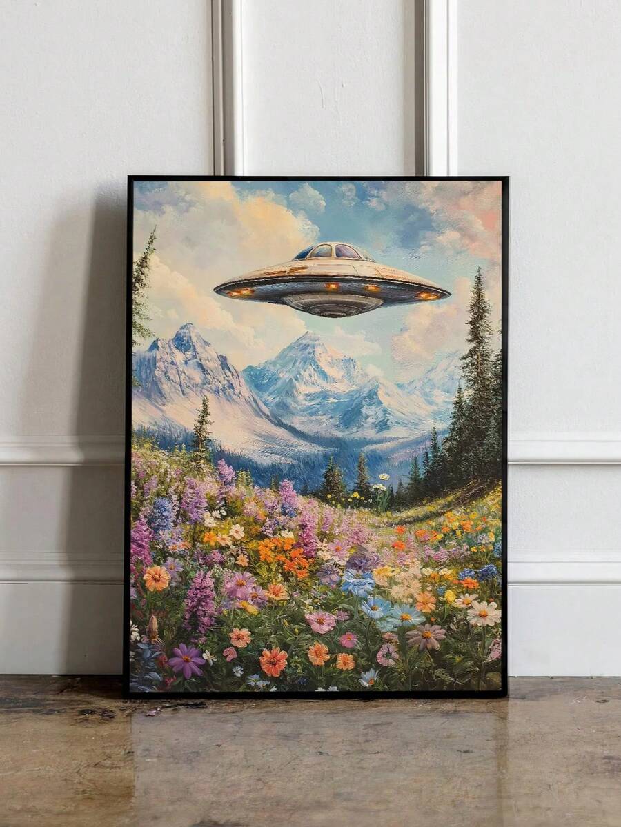 Black framed UFO over snowy mountains and wildflower meadow print