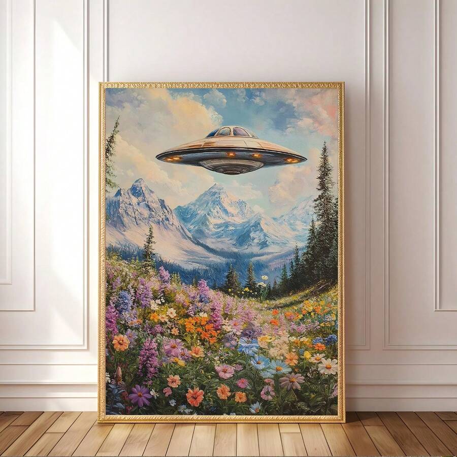Gold framed flying saucer mountain meadow wall art on paneled wall