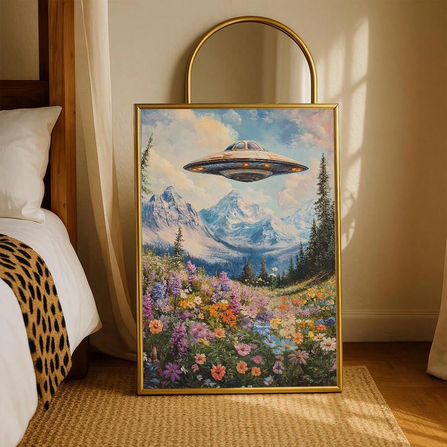UFO mountain wildflower print leaning near bed and mirror