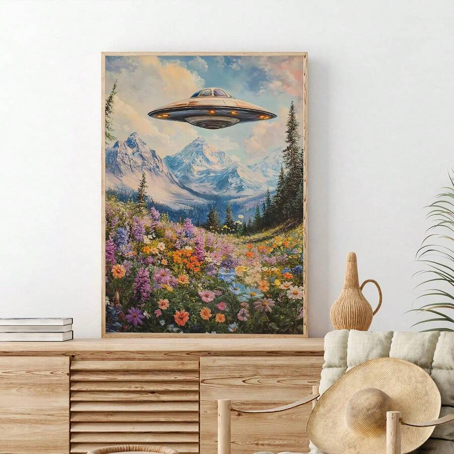 UFO over snowy mountains wildflower print above rustic console