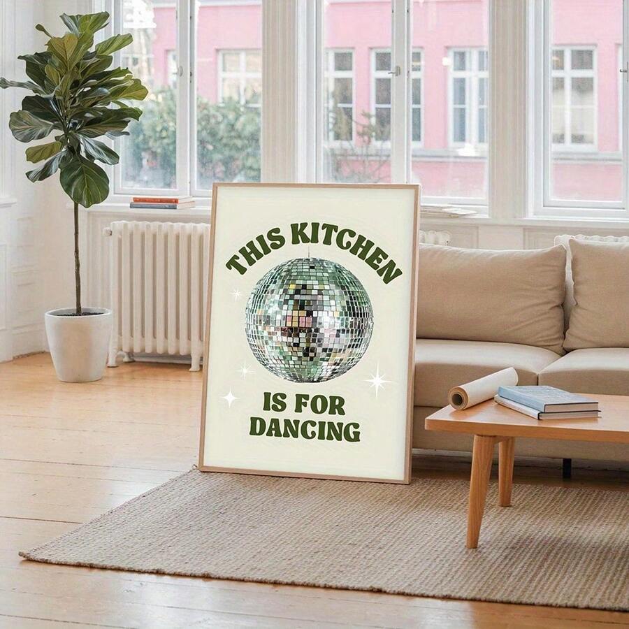 Large retro disco ball kitchen dancing poster above cream sofa