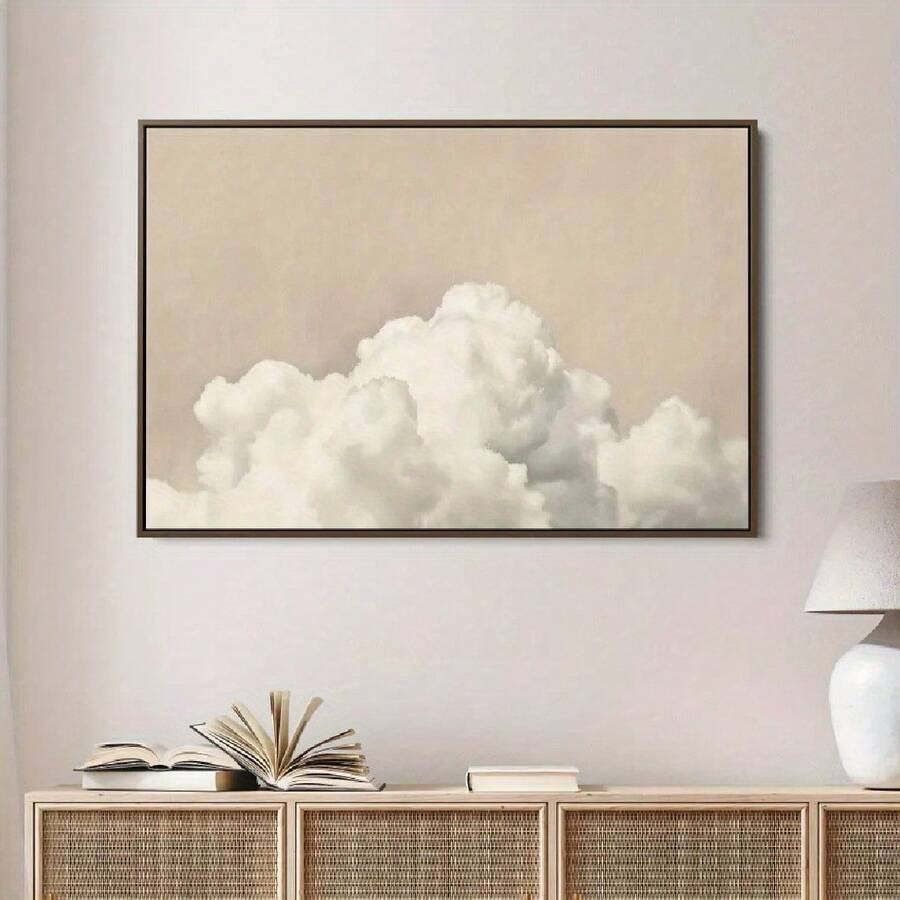 Cloud landscape print front view in minimal room with clear frame and beige sky artwork