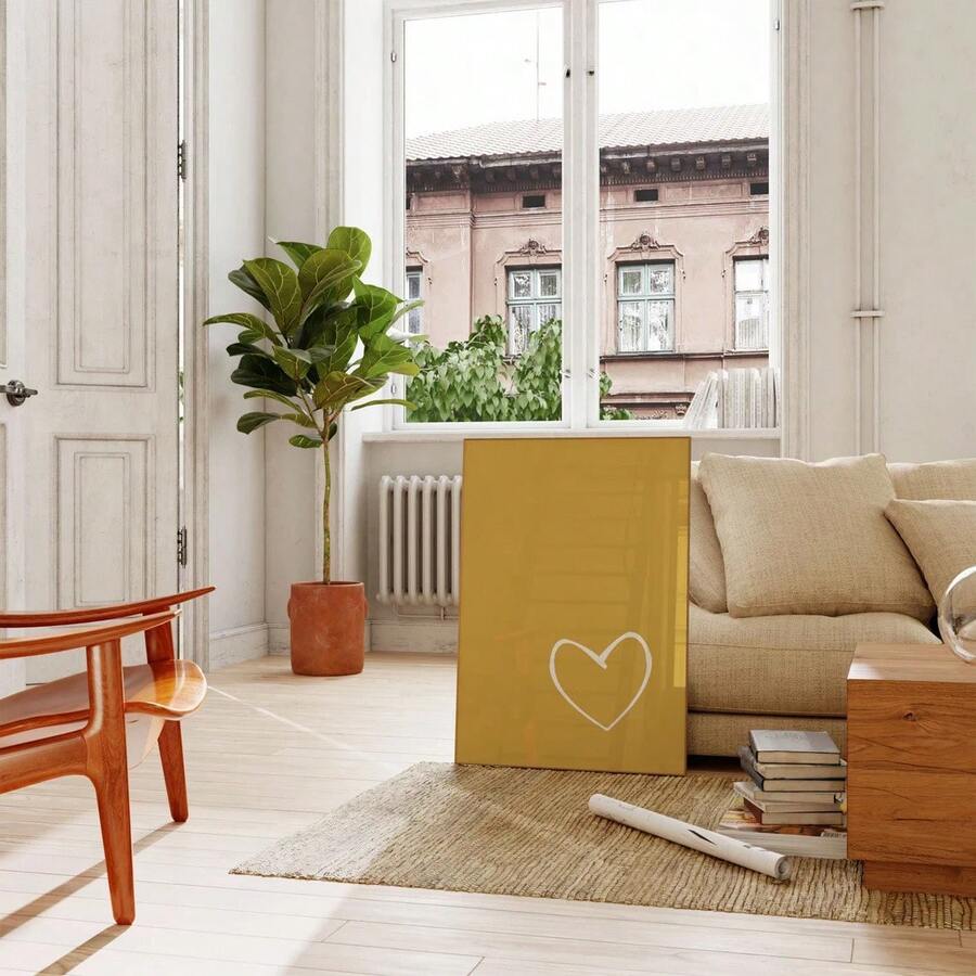 Mustard yellow heart canvas poster in bright living room