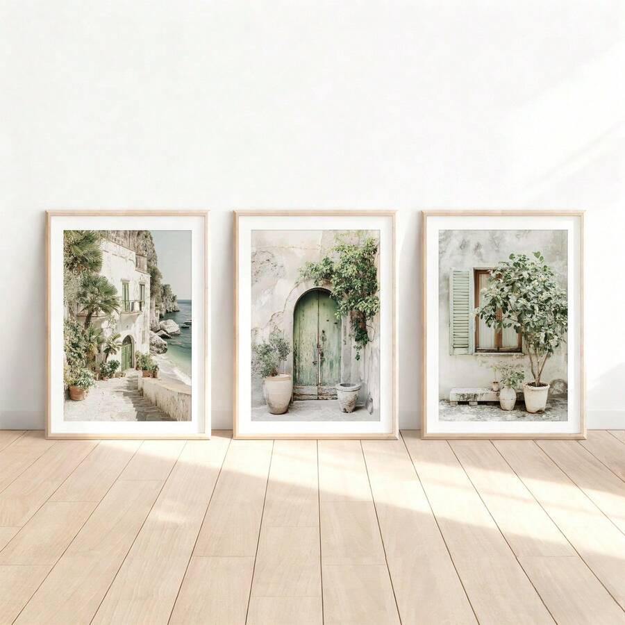 Three-piece Mediterranean coastal canvas set above neutral bed