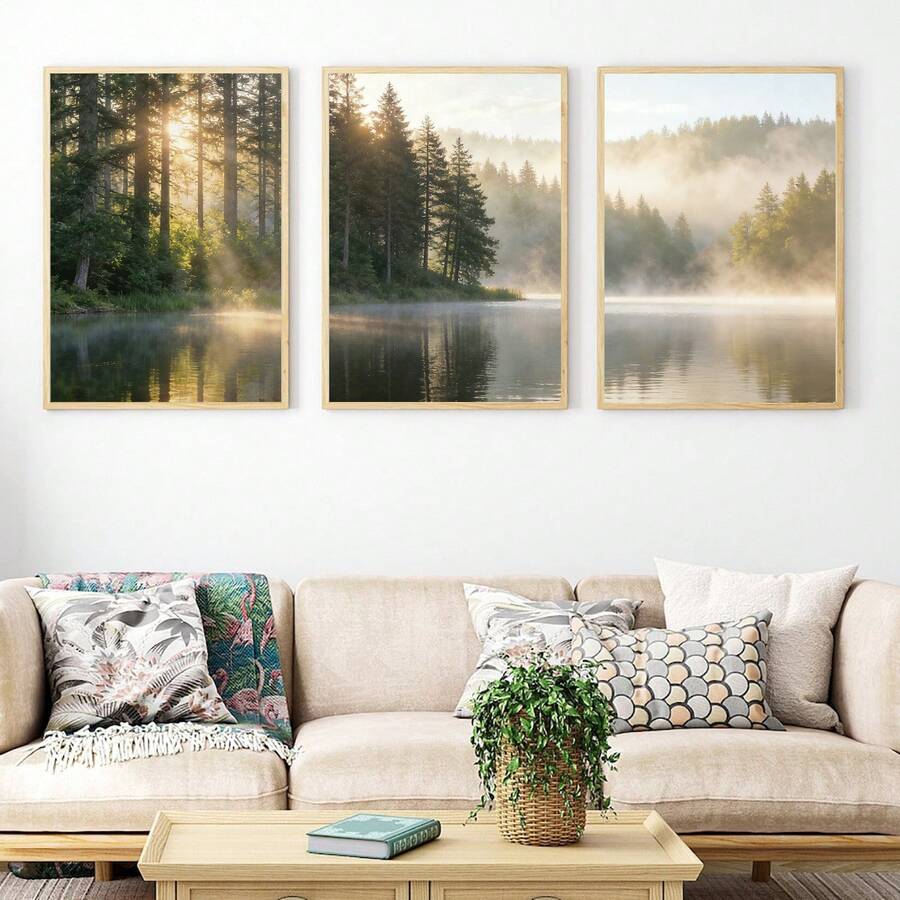 Three piece forest lake canvas poster set with mist and sunrise