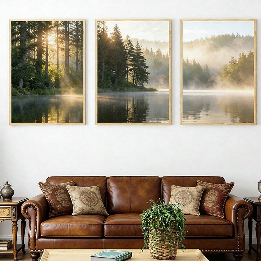 Three piece forest lake canvas poster set with mist and sunrise