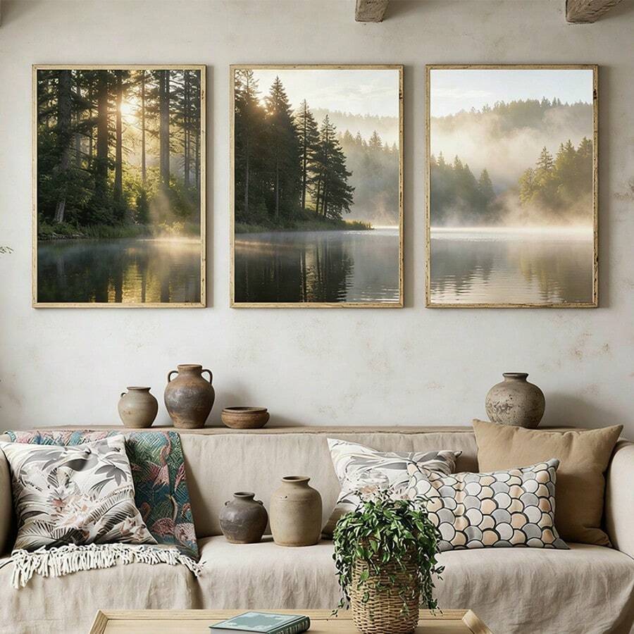 Unframed canvas poster set with misty forest and lake scenery