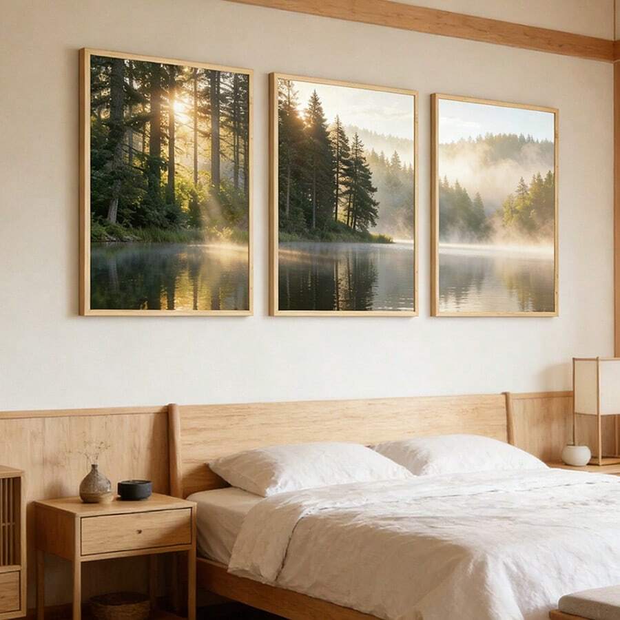Triptych nature canvas poster for calm modern living room styling
