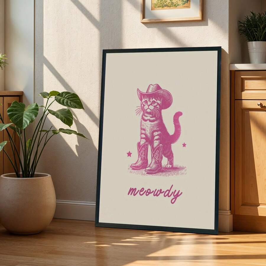 Framed meowdy cowboy cat wall art print in pink on cream background leaning in sunlit room with plants.
