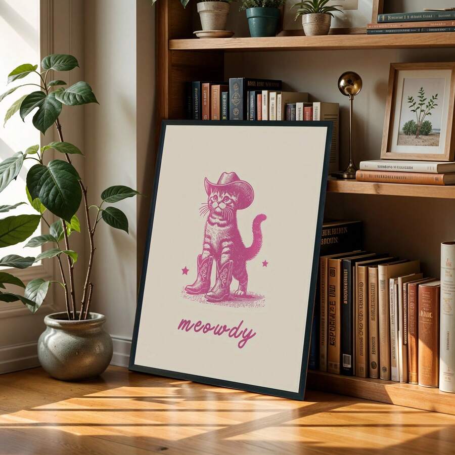 Framed meowdy cowboy cat wall art print in pink on cream background leaning in sunlit room with plants.