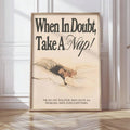 Cozy nap quote poster with sleeping figure in bed