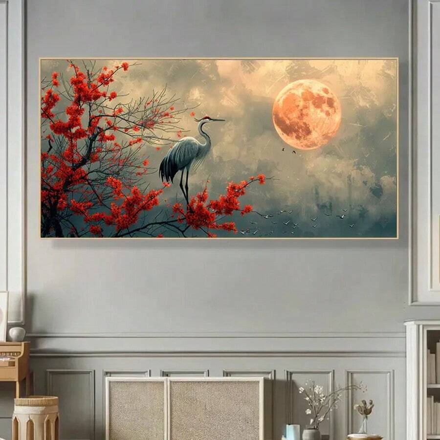 Elevate your home office with this striking modern canvas painting featuring an elegant crane design. The frameless unframed canvas brings contemporary sophistication to any workspace, blending animal and graphic elements with subtle plant motifs for visual depth.