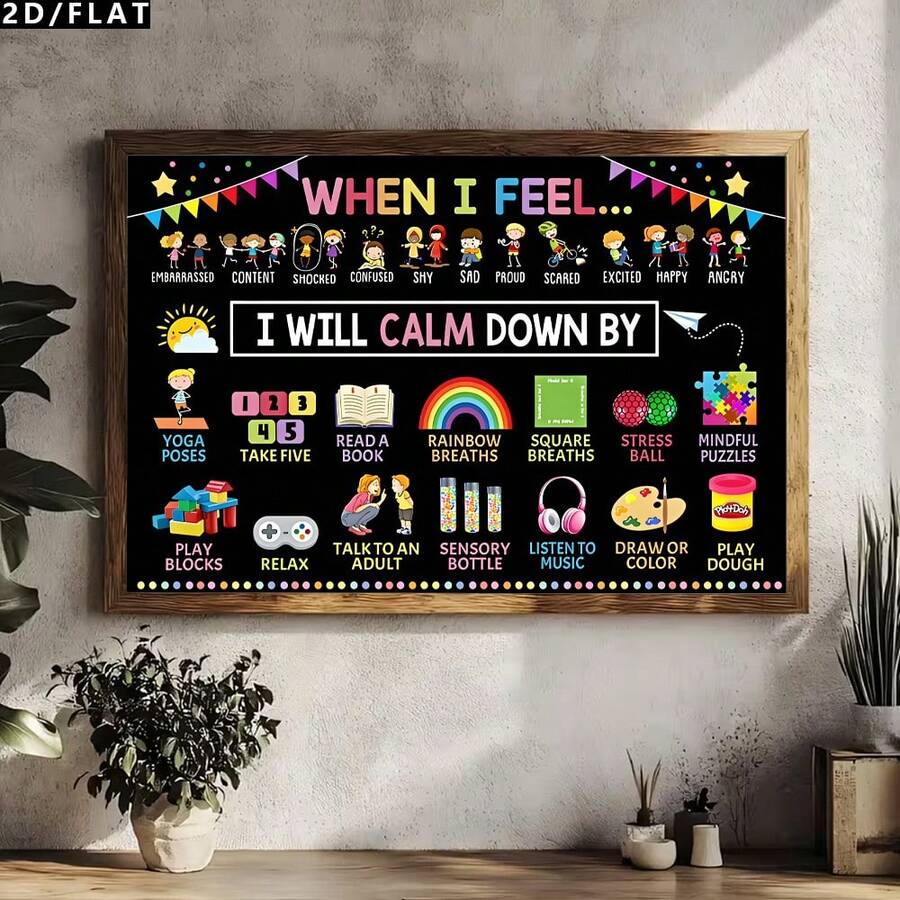 Framed When I Feel emotion regulation poster above table with plants.