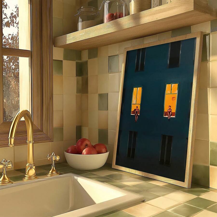 Figurative wall art with cinematic window scene and warm glowing interior details