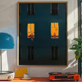 Urban night canvas with seated figures by windows deep teal black and orange tones