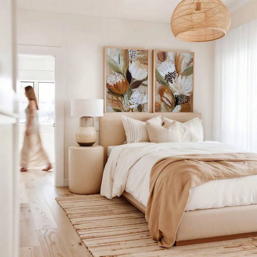 Earthy botanical diptych with cream rust and sage flowers in bedroom