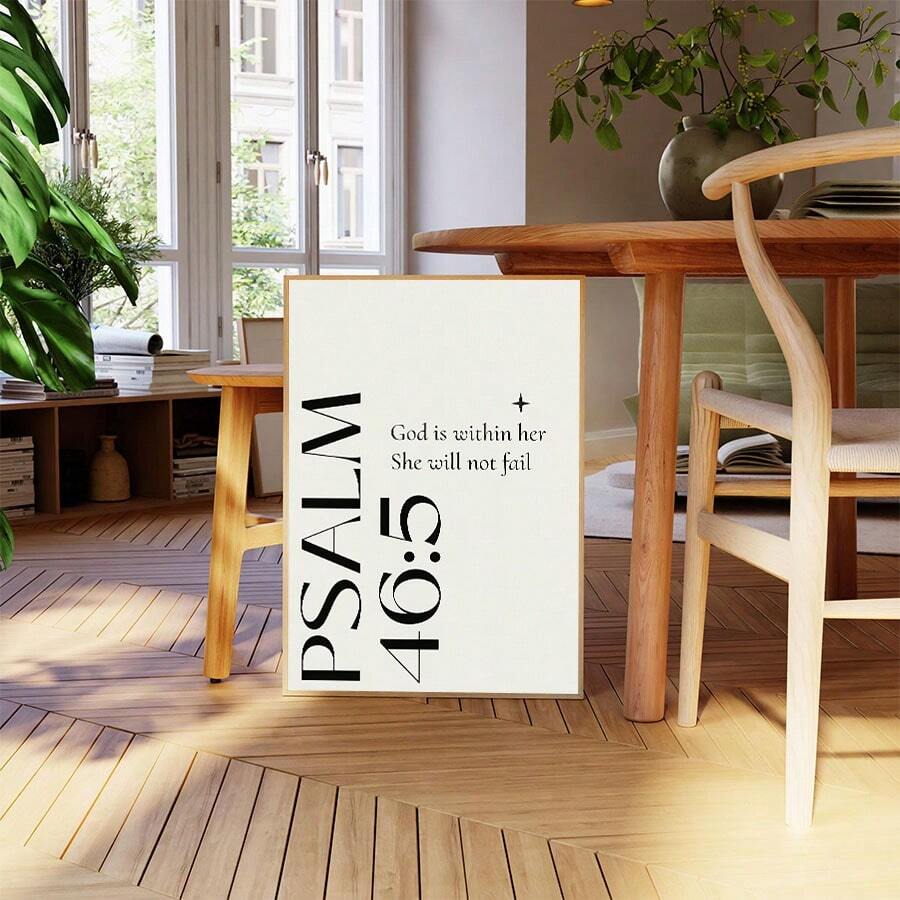 Christian scripture poster leaning on floor in modern dining room