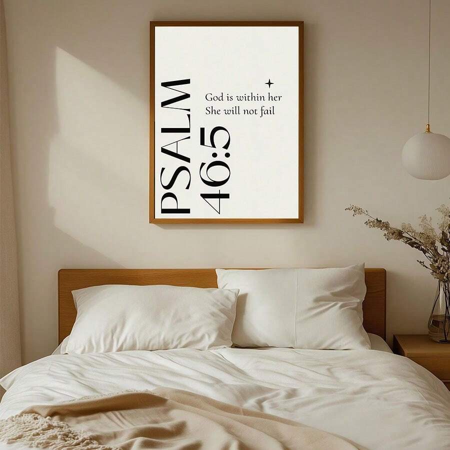 Framed Psalm 46 5 Christian typography poster on wooden table with flowers