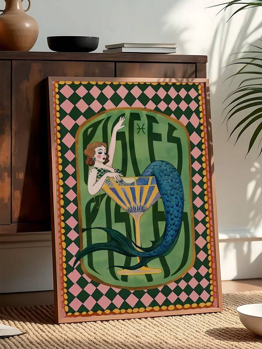 Colorful Crane Folk Art Mermaid & Astrology Canvas Poster 