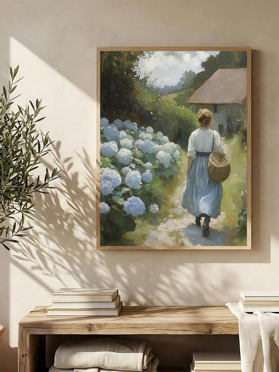 Front view of blue hydrangea vintage floral canvas art for cottagecore decor