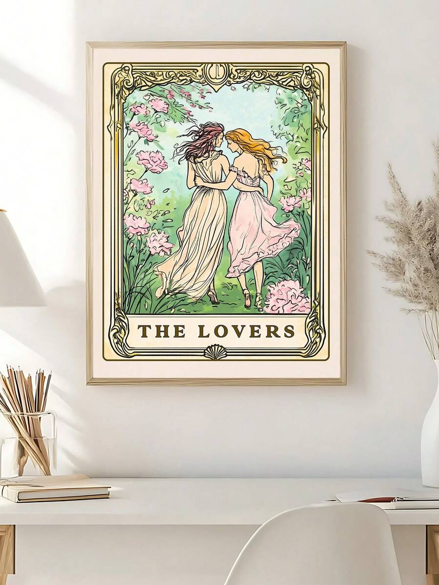 Sapphic tarot card print with lesbian couple in floral garden