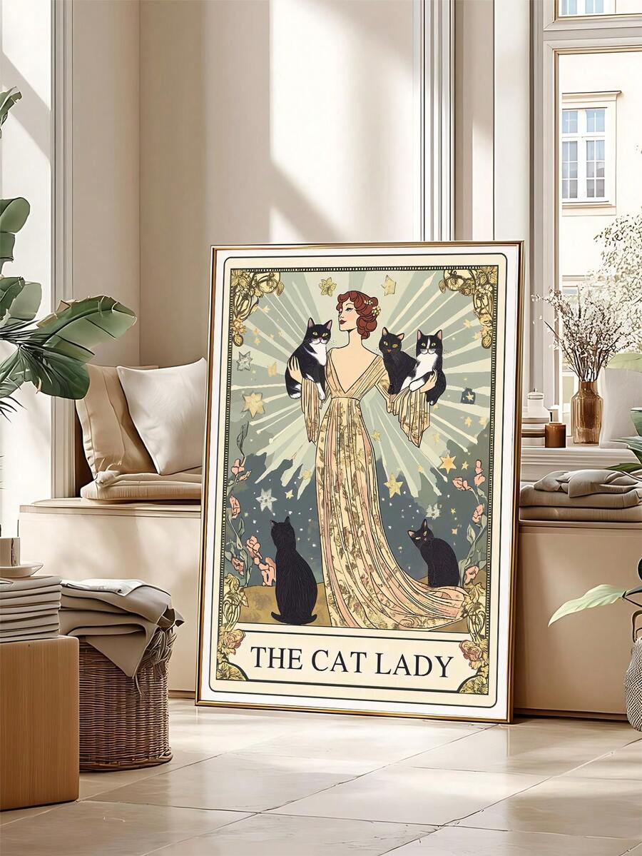 The Cat Lady tarot style wall art with woman holding cats