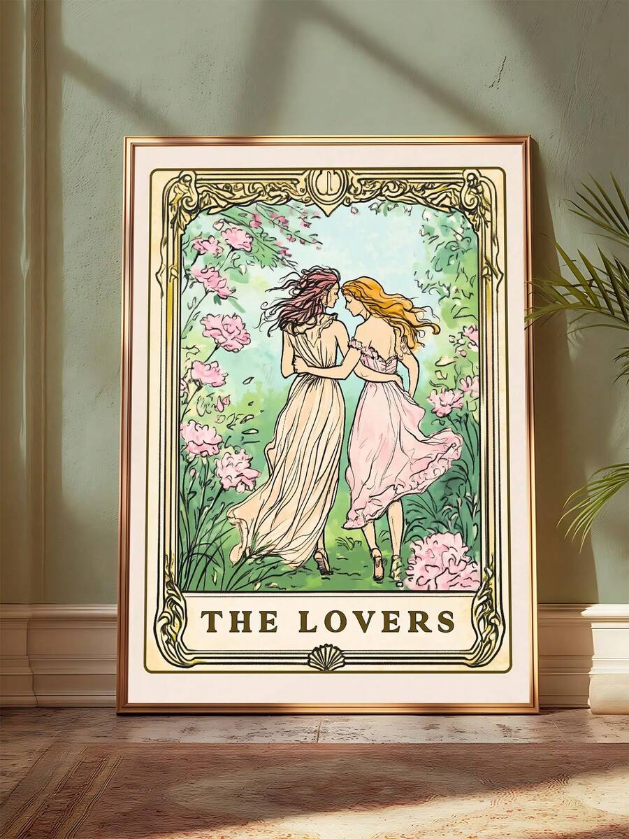 The Lovers tarot wall art with two women walking through pink flowers