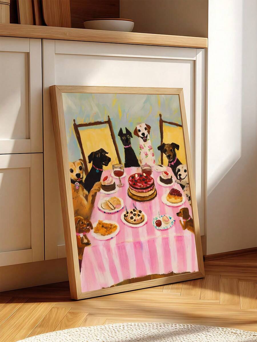 Dachshund zoomies print in ornate frame on mantel