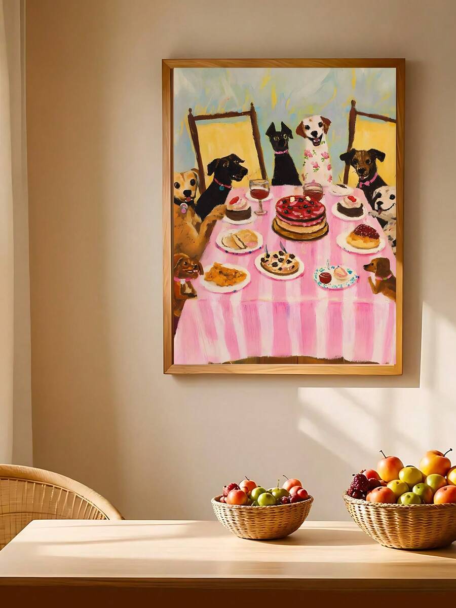 Vintage framed dachshund oil painting print with motion shadow