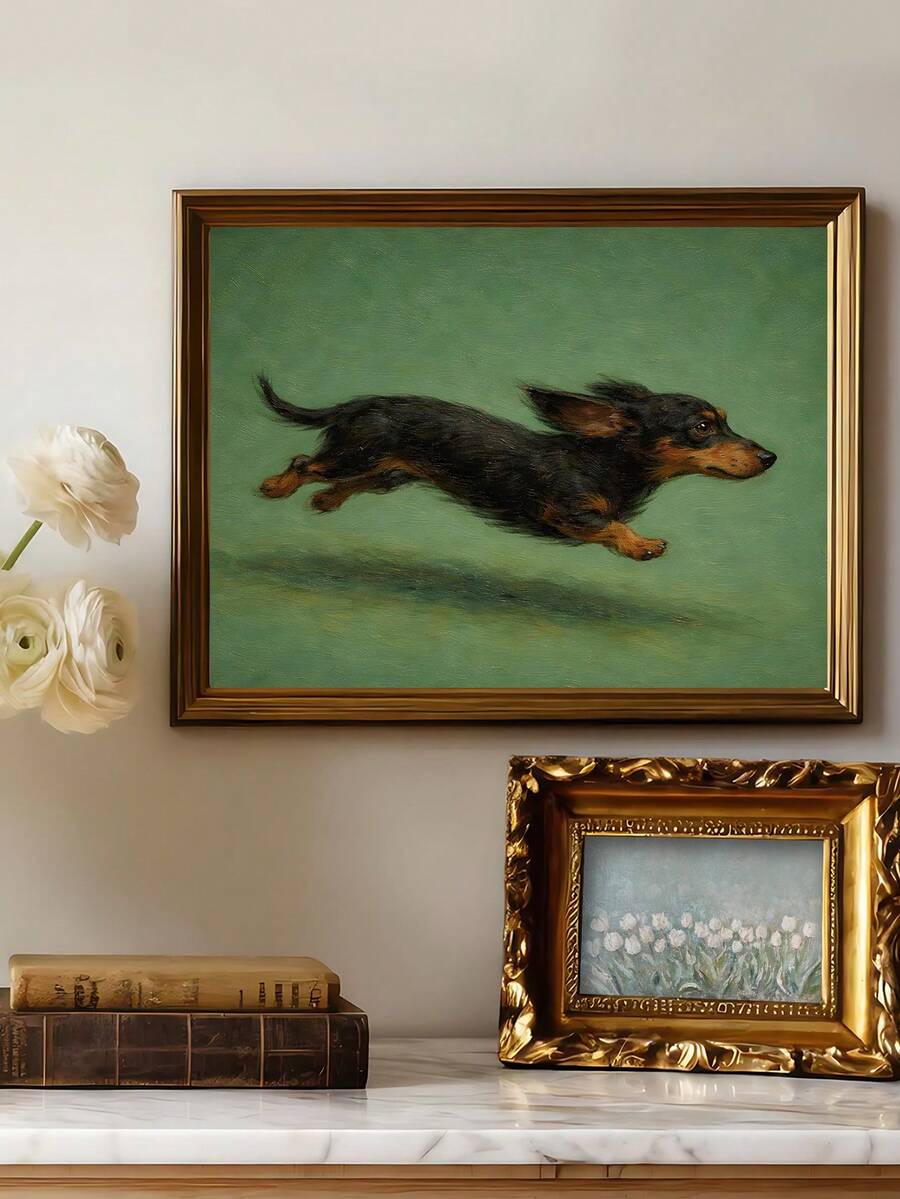 Funny dachshund pet portrait print showing dog mid run on green backdrop