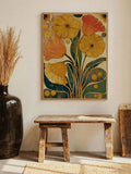 Boho wall decor framed canvas with mid century floral art and textured matte finish
