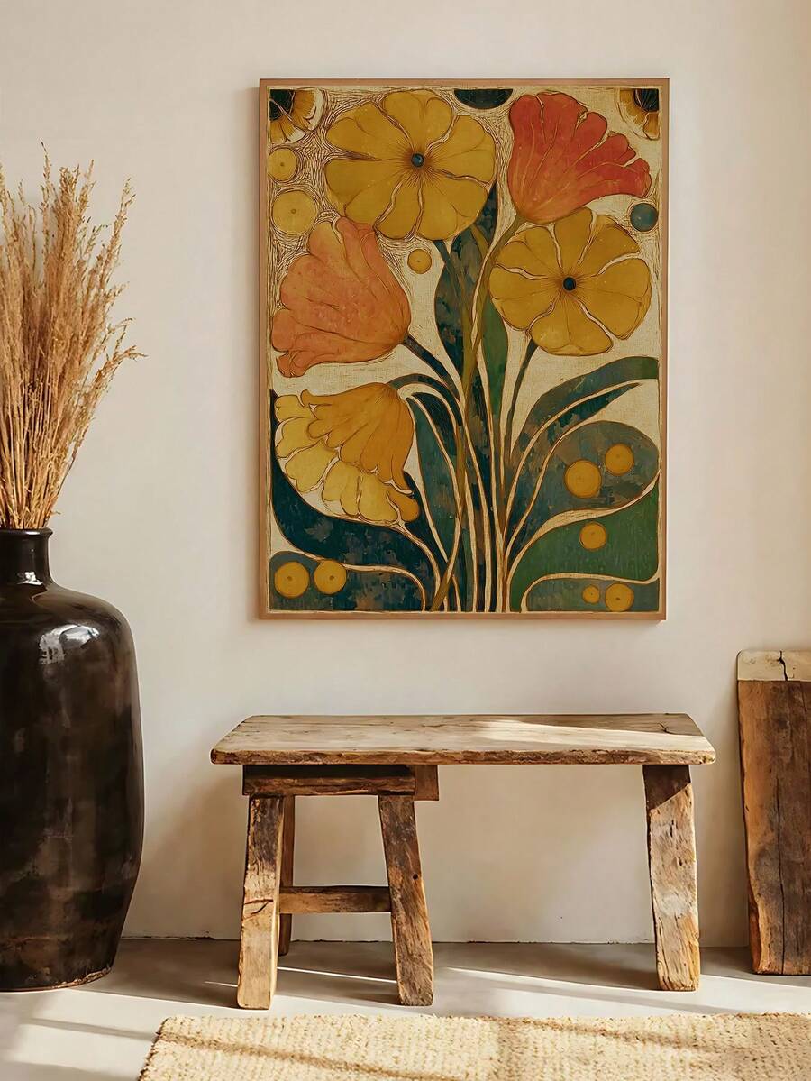 Boho wall decor framed canvas with mid century floral art and textured matte finish