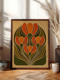 Botanical print with retro flower shapes gold line detail and warm earthy colors