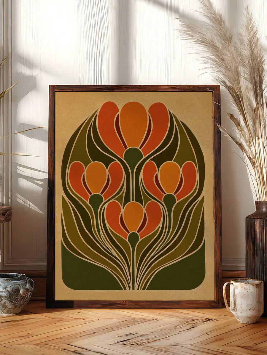Botanical print with retro flower shapes gold line detail and warm earthy colors