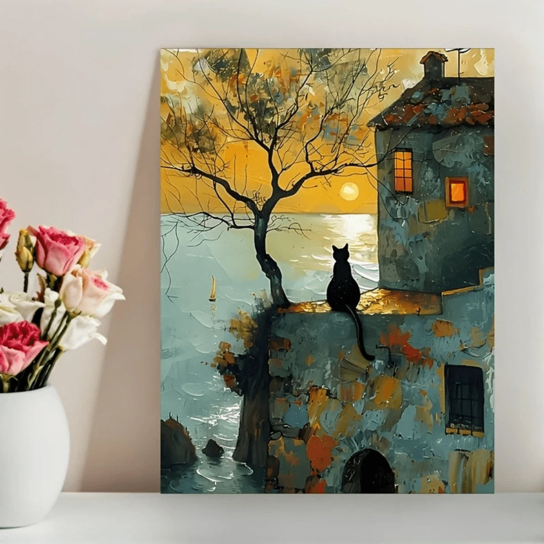Bring warmth and charm to your space with this delightful frameless oil painting poster featuring a cute black cat silhouetted against a stunning sunrise. Perfect for modern home décor, this canvas artwork combines artistic appeal with practical benefits. Crafted on high-quality canvas, this unframed hanging painting is waterproof and removable, making it ideal for renters and those who love to refresh their décor.