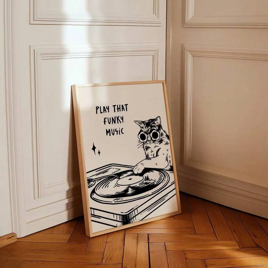 Vintage music cat artwork in a colorful humorous canvas poster design