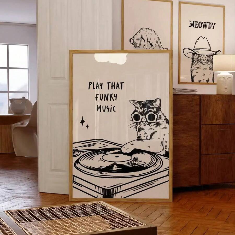 Multicolor vintage cat wall art displayed with music-inspired graphic details
