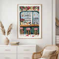 European bistro canvas poster with roses above white dresser