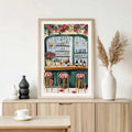 Wine bar print with teal shelves and red roses on sideboard