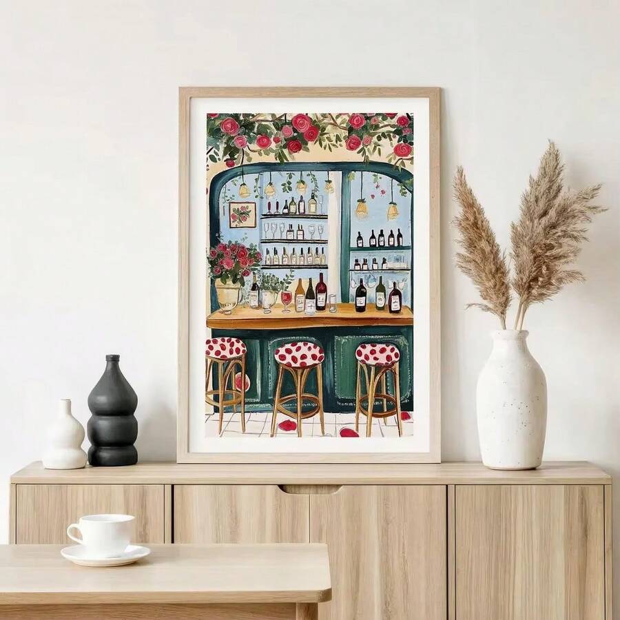 Wine bar print with teal shelves and red roses on sideboard