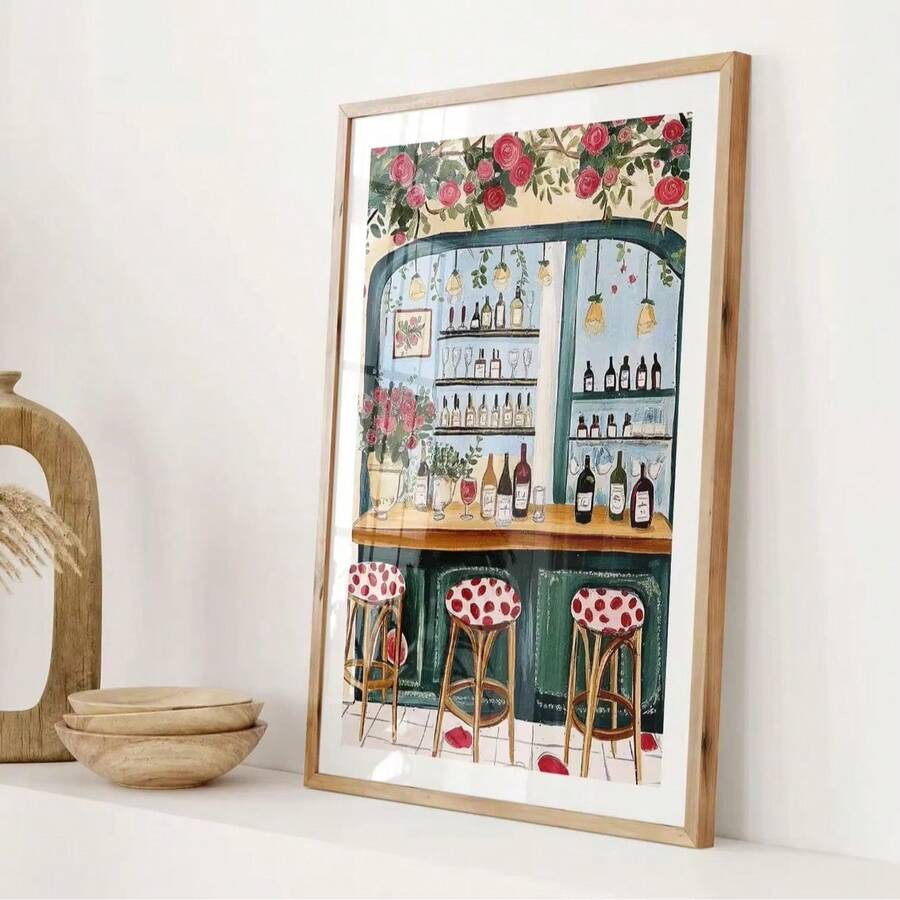 Vintage French wine bar poster in wood frame on shelf