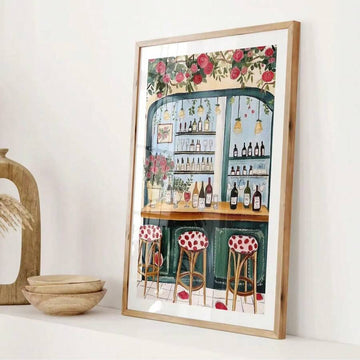 Vintage French wine bar poster in wood frame on shelf