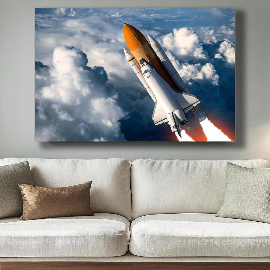 Space shuttle launch canvas wall art above cream sofa on gray wall.