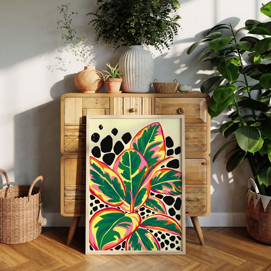 Front view of colorful tropical plant wall art with vivid botanical styling