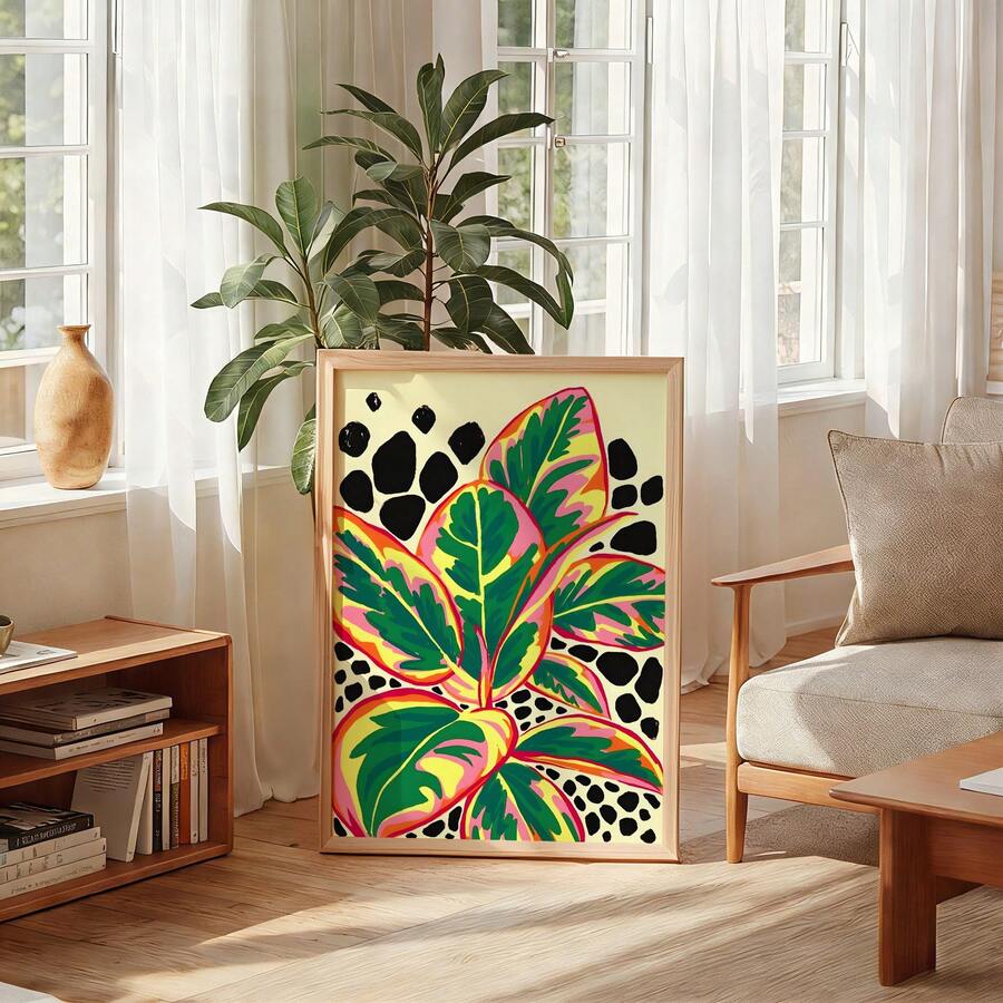 Front view of colorful tropical plant wall art with vivid botanical styling