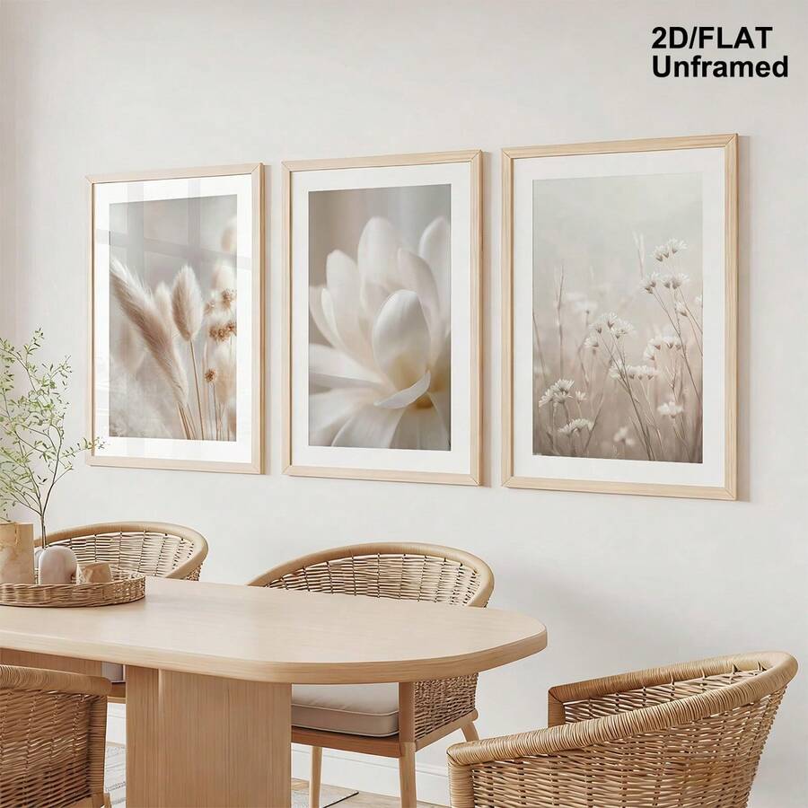 Botanical three-piece wall art displayed above a pale dining table