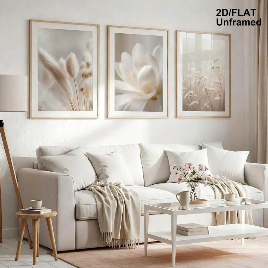Beige foxtail and wildflower print set styled above a white sofa