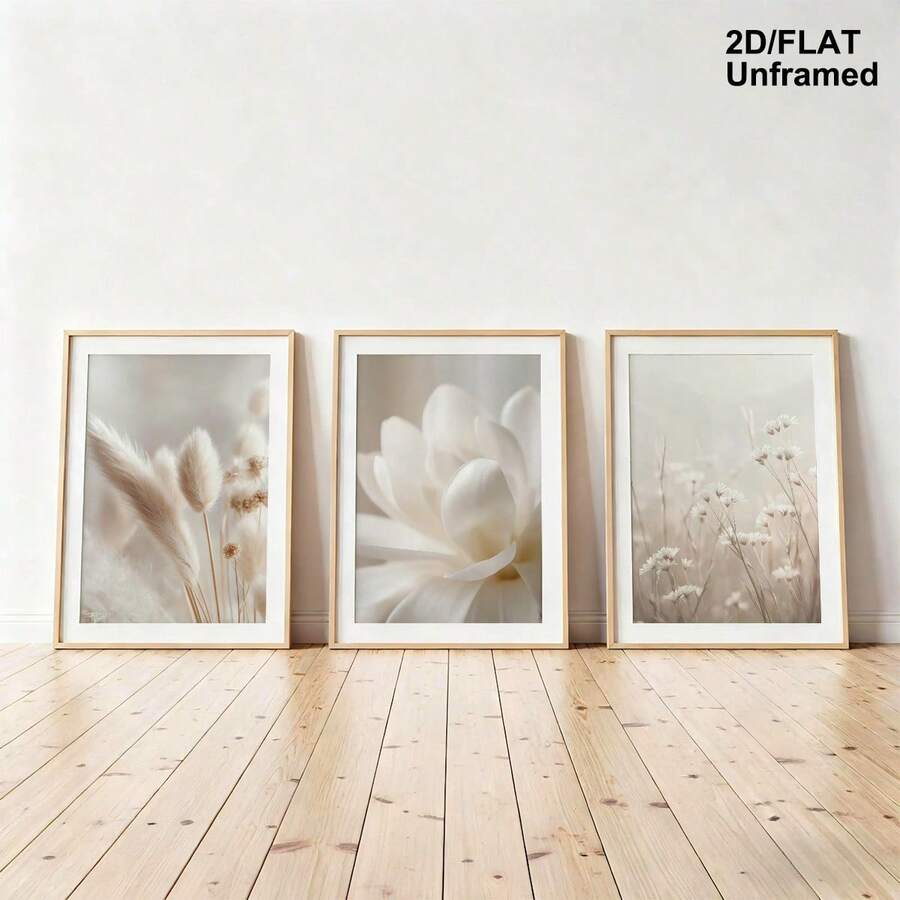 Neutral wildflower and foxtail print set leaning against a white wall